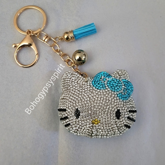 Hello Kitty Blue Bow Crystal Rhinestone Keychain Bag Charm With Tassel - Picture 3 of 7